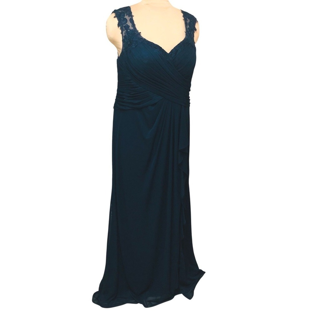 Azazie Evening Gown Womens 16 XL Navy Lace V-Back Ruched Pleated Wedding Prom